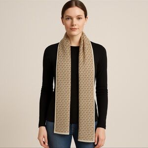 Michael Kors MK Logo Knit Scarf Camel Brown Cream Acrylic Winter Designer Wrap